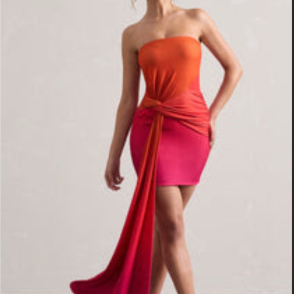 Club L London Strapless Dress in Orange and Pink